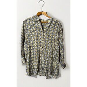 Rock Flower Paper Tunic Button Down Top Size Large Yellow Print